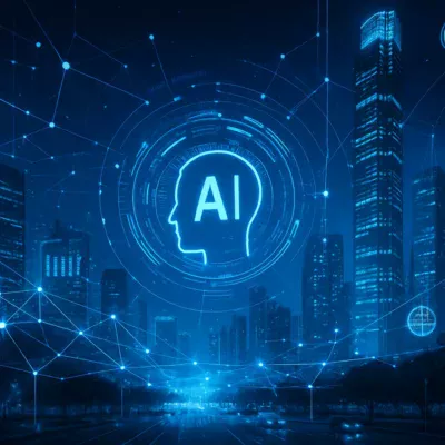 Paisagem urbana futurista integrando tecnologias avançadas de IA. Tendências Tecnológicas IA
