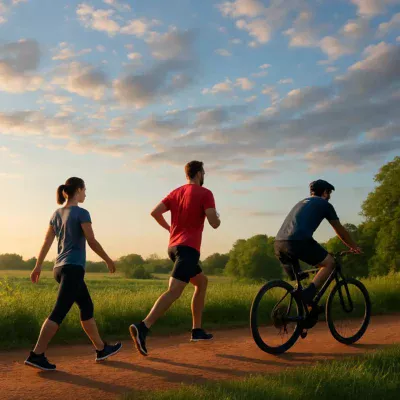 Cena em que aparecem um caminhante, um corredor e um ciclista em harmonia com a natureza.