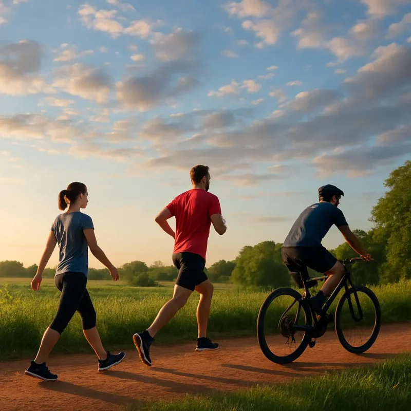 Cena em que aparecem um caminhante, um corredor e um ciclista em harmonia com a natureza.