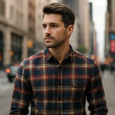Homem com camisa xadrez em cenário urbano. Camisa Masculina Xadrez