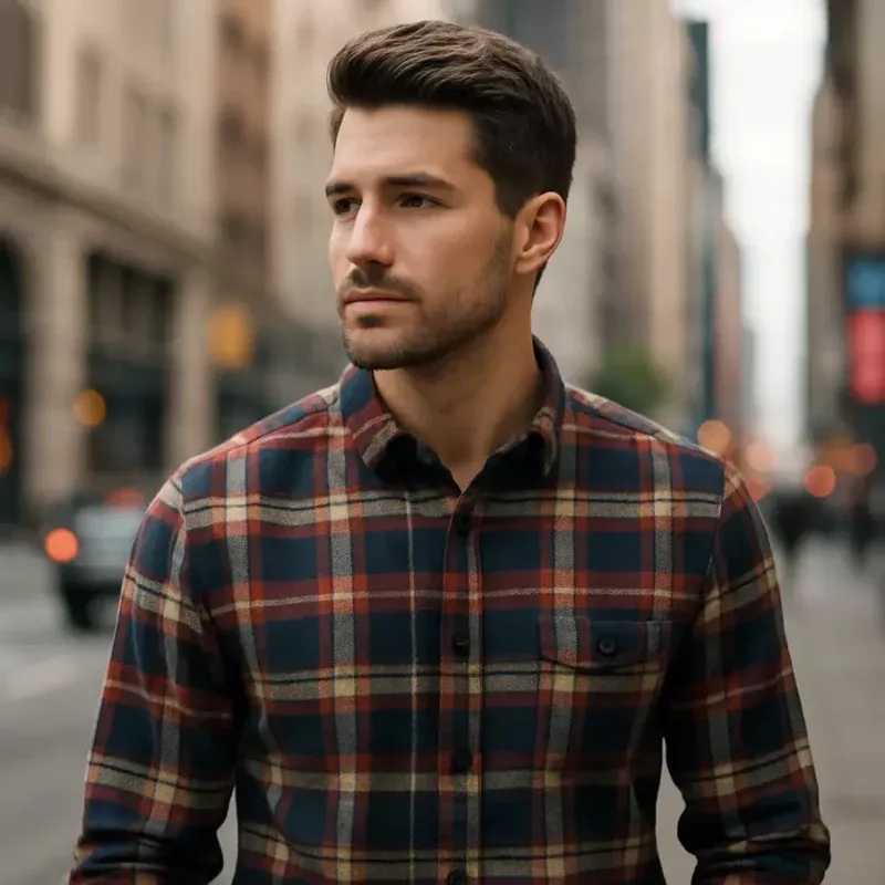 Homem com camisa xadrez em cenário urbano. Camisa Masculina Xadrez