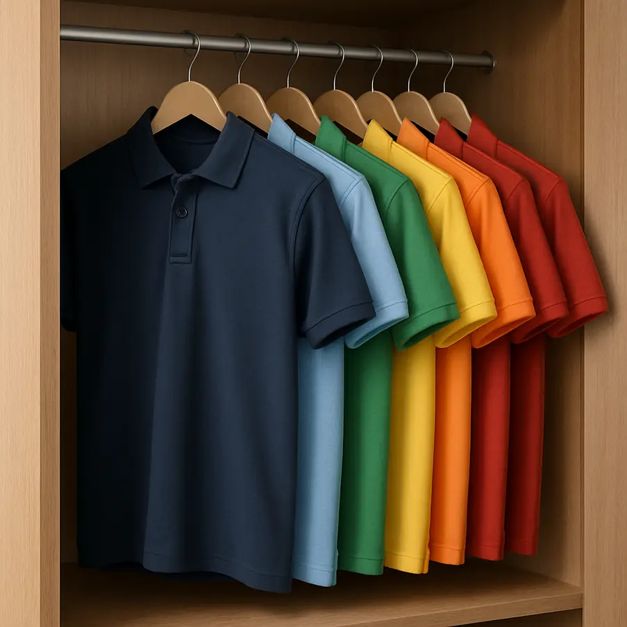 Guarda-roupa exibindo uma variedade de camisetas polo coloridas organizadas. Camiseta Masculina Polo Descubra a versatilidade e o estilo das camisetas masculinas polo, essenciais para qualquer guarda-roupa moderno!