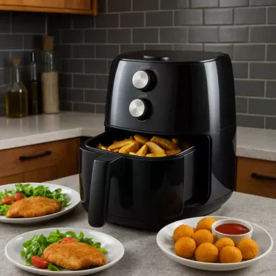 Air Fryer em uma cozinha contemporânea com pratos prontos. Fritadeira Eletrica Air Fryer