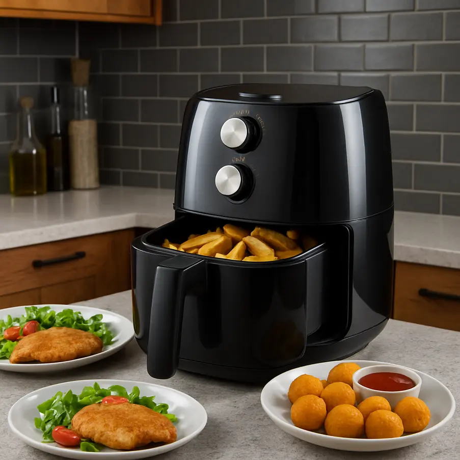 Air Fryer em uma cozinha contemporânea com pratos prontos. Fritadeira Eletrica Air Fryer