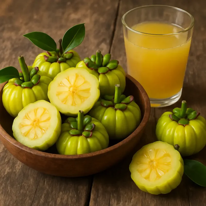 Frutas de Garcínia Cambogia frescas em uma tigela de madeira com suco ao lado.