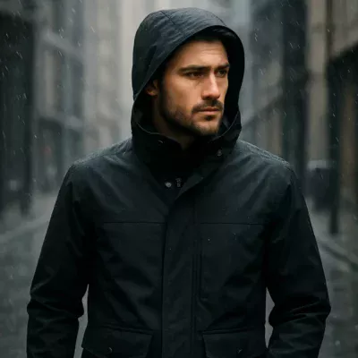 Homem usando jaqueta impermeável em ambiente chuvoso, destacando elegância e funcionalidade. Jaqueta Impermeável Masculina Descubra a praticidade e estilo das jaquetas impermeáveis masculinas. Jaqueta impermeável Masculina esportiva