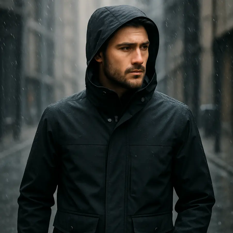 Homem usando jaqueta impermeável em ambiente chuvoso, destacando elegância e funcionalidade. Jaqueta Impermeável Masculina Descubra a praticidade e estilo das jaquetas impermeáveis masculinas.