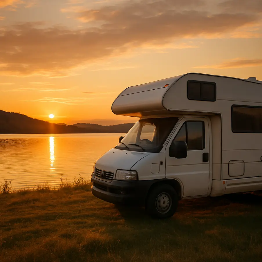 Motor home usado próximo a um lago durante o pôr do sol.
