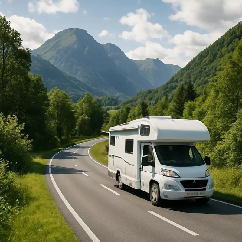 Motorhome em uma estrada cercada por vegetação e montanhas ao fundo.