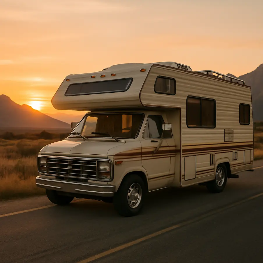 MotorHome usado estacionado em estrada sob entardecer com montanhas ao fundo.