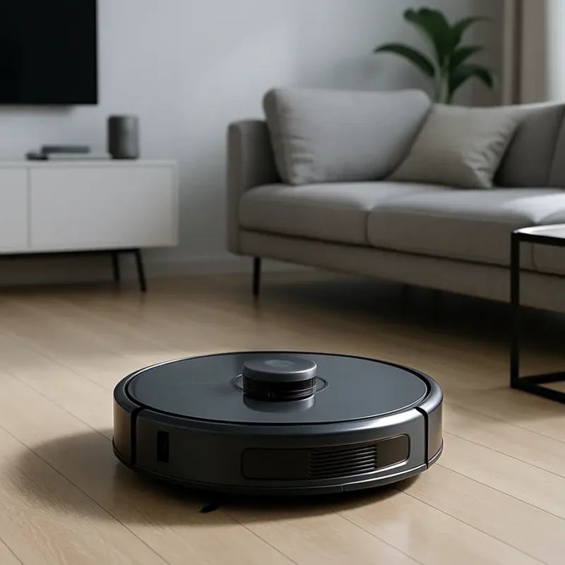 Robô aspirador em operação em uma casa com decoração minimalista. Robo aspirador que mapeia a casa