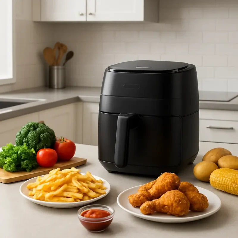 Cozinha equipada com uma fritadeira elétrica em destaque.