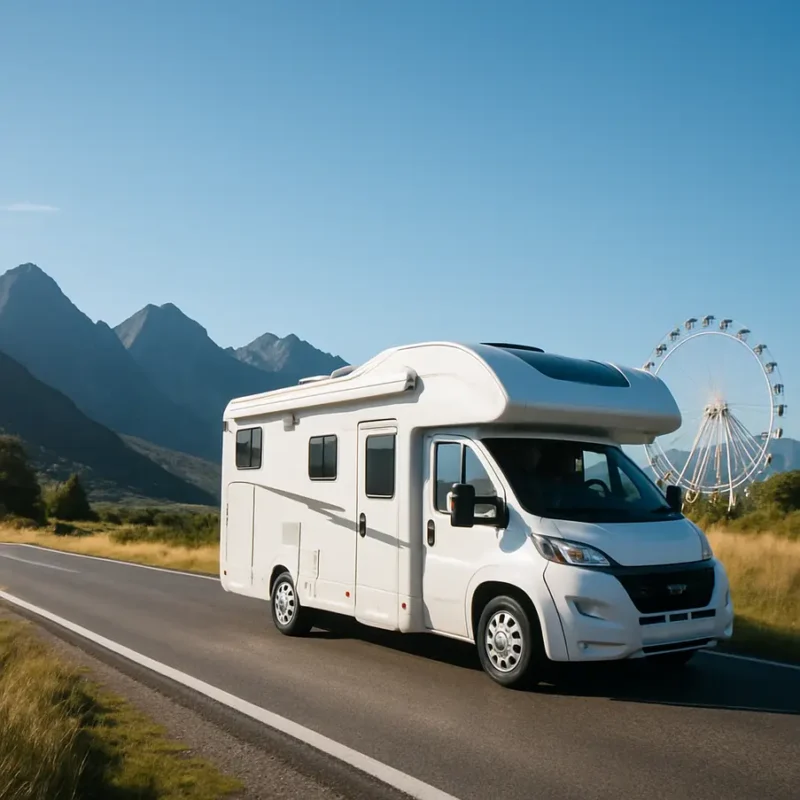 Um motorhome moderno dirigindo ao longo de uma estrada cênica com montanhas e céu azul.