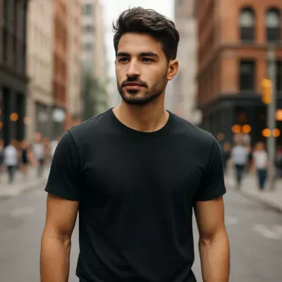 Jovem estiloso em camiseta preta em um movimentado cenário urbano. Camiseta masculina preta