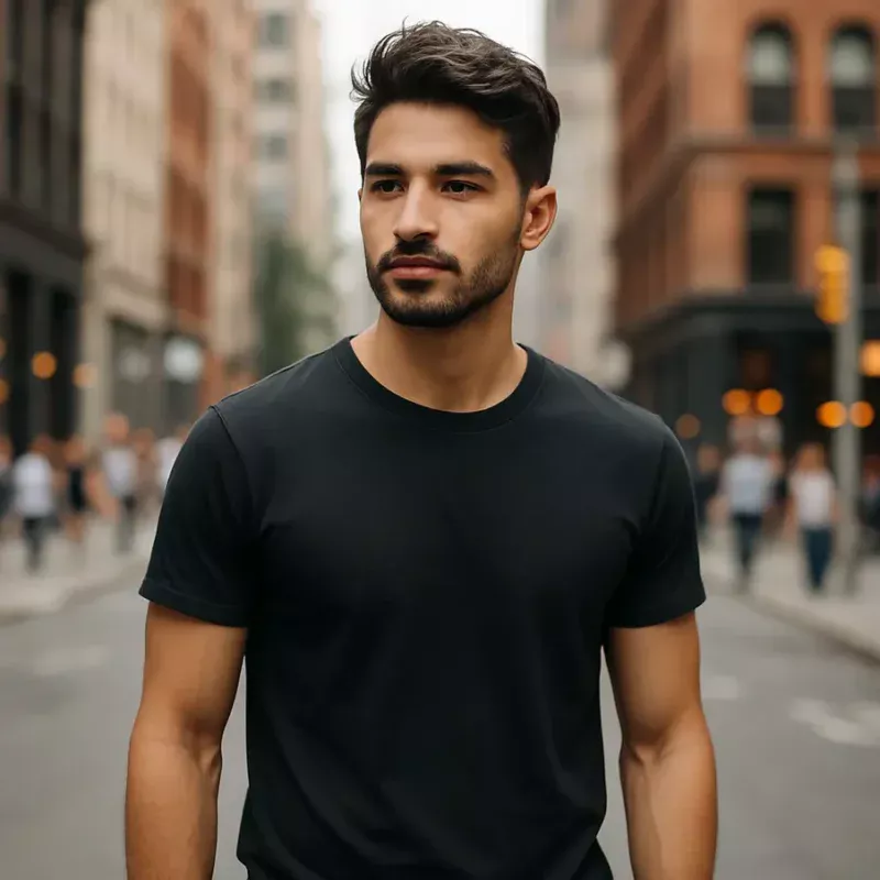 Jovem estiloso em camiseta preta em um movimentado cenário urbano. Camiseta masculina preta