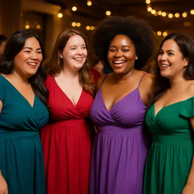 Mulheres plus size felizes usando vestidos de festa em um evento social. Vestido de festa plus size barato