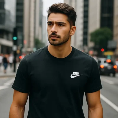 Homem usando uma camiseta Nike masculina em um ambiente urbano e estiloso. Camiseta masculina nike