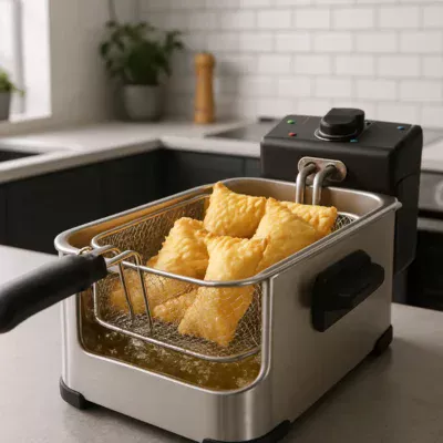 Close-up de uma fritadeira elétrica para pastel em uma cozinha, com pastéis dourados.