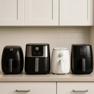 Várias fritadeiras elétricas com designs diferentes em exibição em uma bancada. Qual Melhor Fritadeira Elétrica