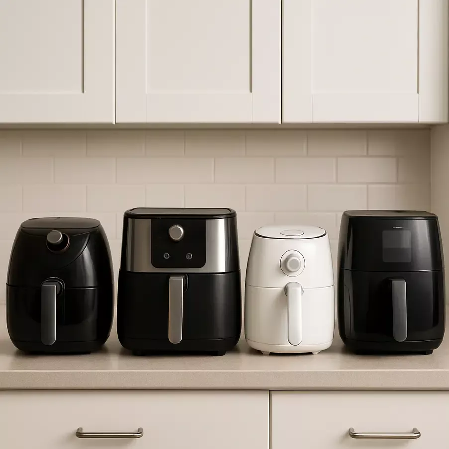 Várias fritadeiras elétricas com designs diferentes em exibição em uma bancada.