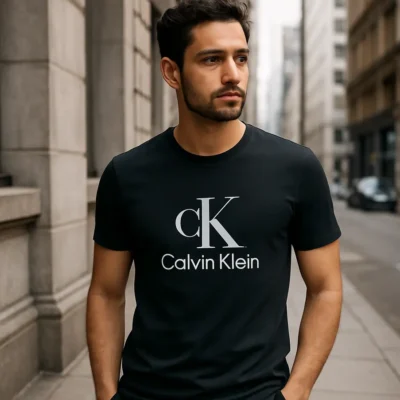 Homem moderno usando Camiseta masculina Calvin Klein em um cenário urbano. Camiseta masculina Calvin Klein