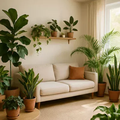 Sala de estar com várias plantas criando um ambiente tranquilo e vibrante.