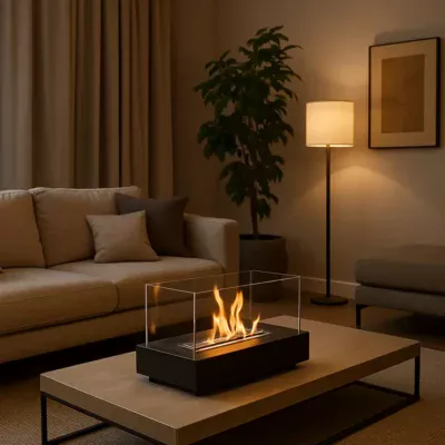 Lareira ecológica portátil em sala moderna, simbolizando aquecimento sustentável.