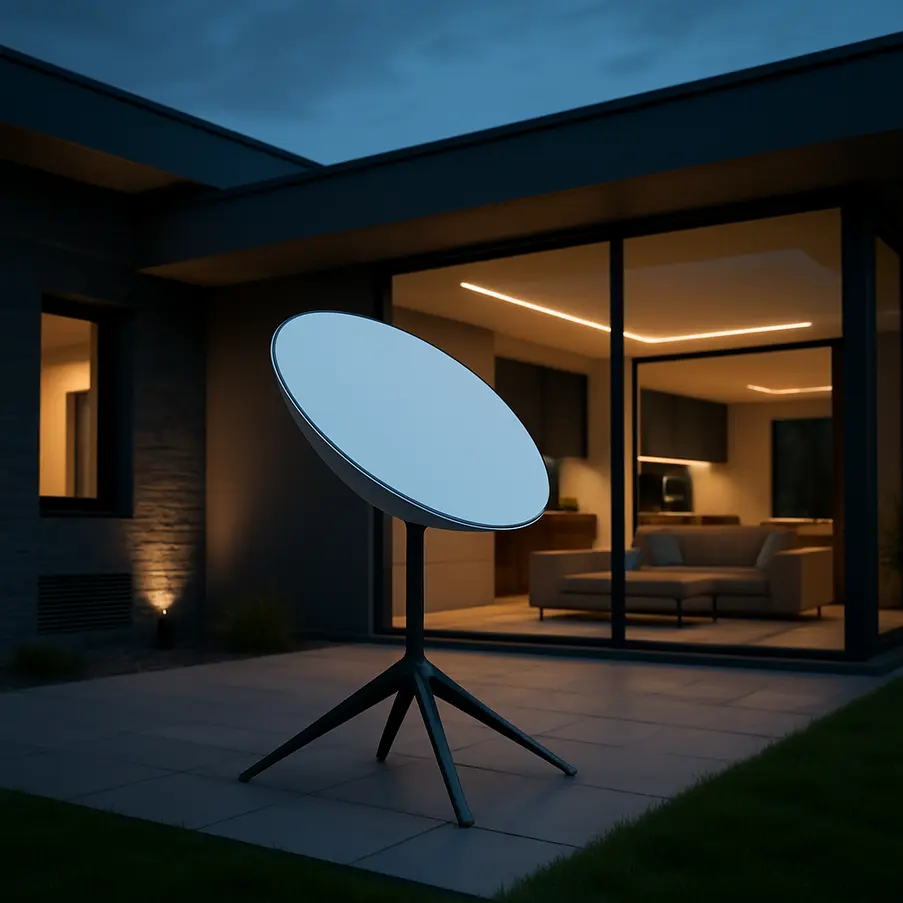 Antena Starlink V4 instalada em uma casa moderna, simbolizando tecnologia avançada. Antena Starlink V4 Vale a Pena