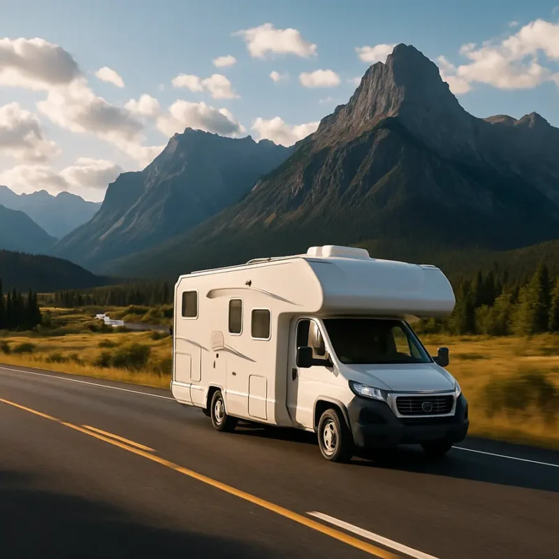 MotorHome em uma rodovia com paisagem montanhosa ao fundo. MotorHome a Venda