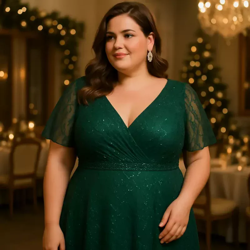 Uma mulher plus size deslumbrante em um vestido de festa em um ambiente elegante.