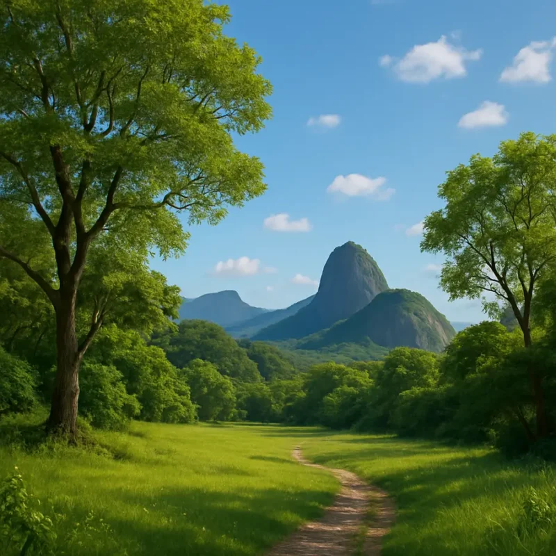 Paisagem brasileira com céu azul calmo e vegetação exuberante, simbolizando paz mental.