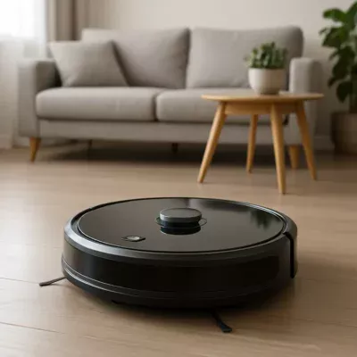 Robo aspirador em ação em uma sala de estar moderna. Robo Aspirador WAP W310