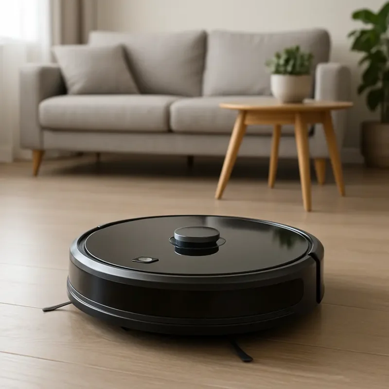 Robo aspirador em ação em uma sala de estar moderna. Robo Aspirador WAP W310. Robo Aspirador WAP W310 Vale a Pena?