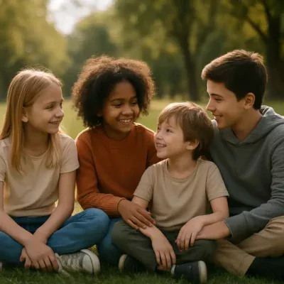 Crianças em interação positiva ao ar livre, simbolizando saúde mental e bem-estar. Saúde Mental Infanto Juvenil