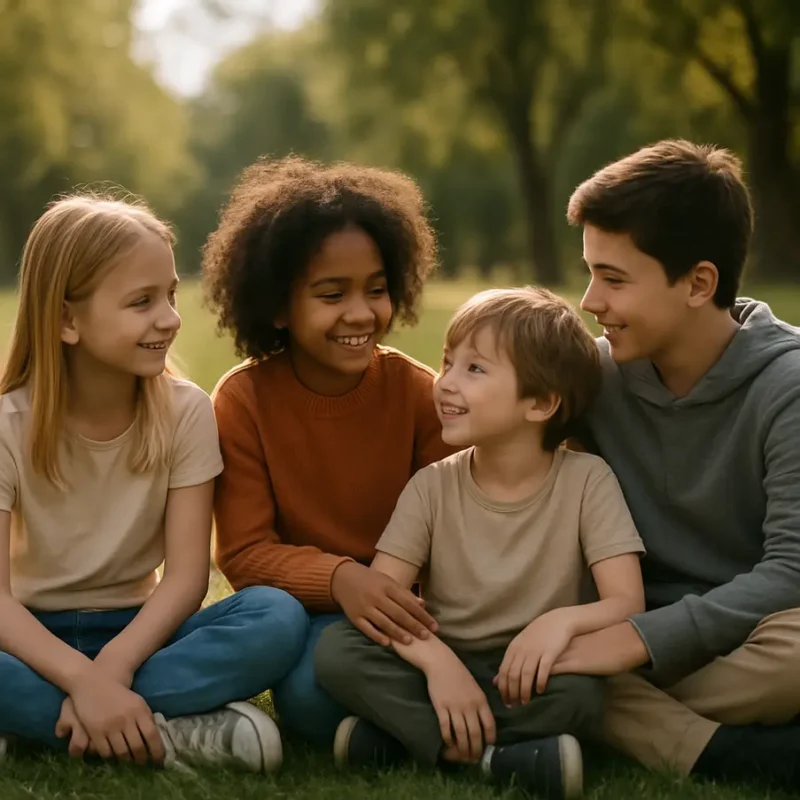 Crianças em interação positiva ao ar livre, simbolizando saúde mental e bem-estar. Saúde Mental Infanto Juvenil