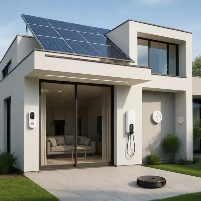 Imagem de uma casa inteligente futurista equipada com tecnologia avançada. Tendências Tecnológicas Casa