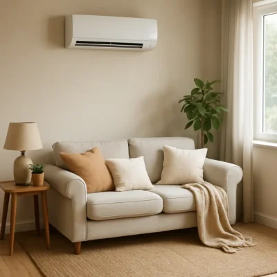Sala de estar em uma casa com ar condicionado moderno instalado, criando um ambiente confortável. Onde Comprar Ar Condicionado Residencial