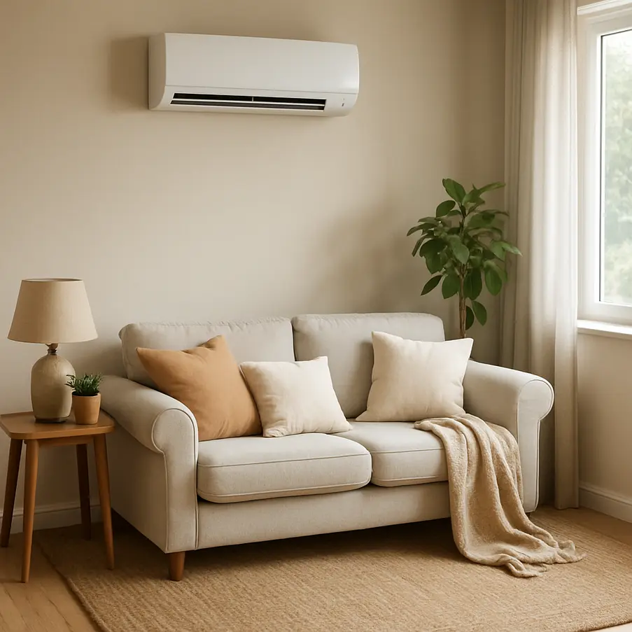 Sala de estar em uma casa com ar condicionado moderno instalado, criando um ambiente confortável. Onde Comprar Ar Condicionado Residencial