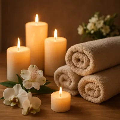 Imagem de um cenário de spa com elementos como velas e flores promovendo relaxamento. Técnicas Relaxamento Músculos Tensão