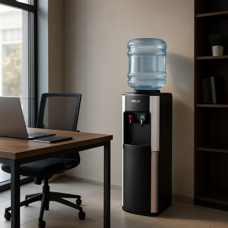 Bebedouro Cadence em um escritório moderno com iluminação ambiente destacando seu design.