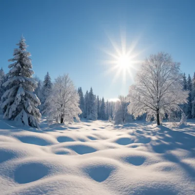Paisagem de inverno coberta de neve com sol brilhando ao fundo. Bem Estar no Inverno com Vitamina D