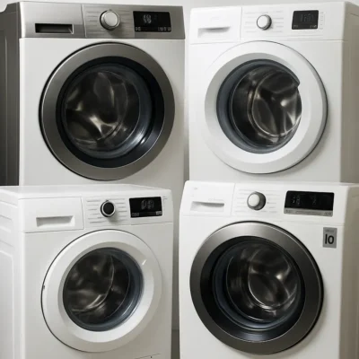 Colagem de máquinas de lavar roupa destacando características de várias marcas famosas. Melhores Marcas de lavadoras de roupas