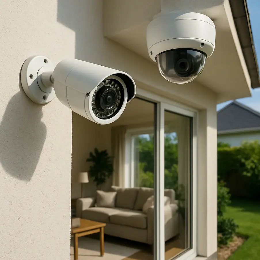 Câmeras de segurança modernas em uma residência.