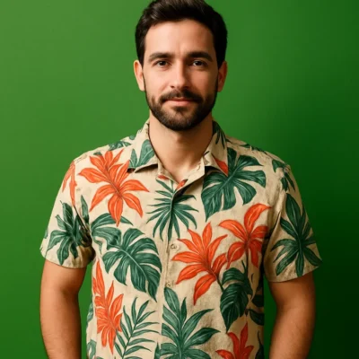 Homem vestindo camisa estampada tropical em cenário vibrante. Camisa Masculina Estampada tropical