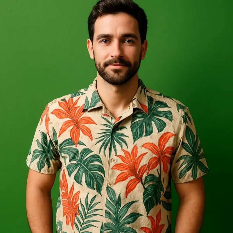 Homem vestindo camisa estampada tropical em cenário vibrante. Camisa Masculina Estampada tropical