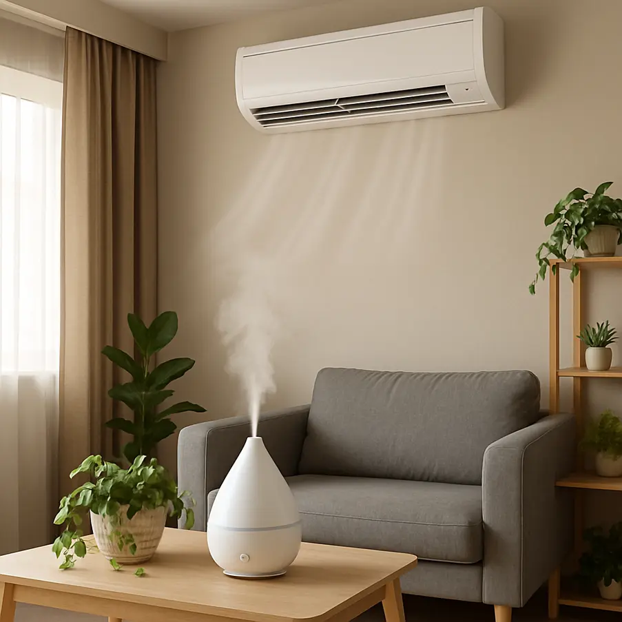 Uma sala moderna com ar condicionado piso teto e um umidificador, mostrando um ambiente que equilibra conforto e saúde.