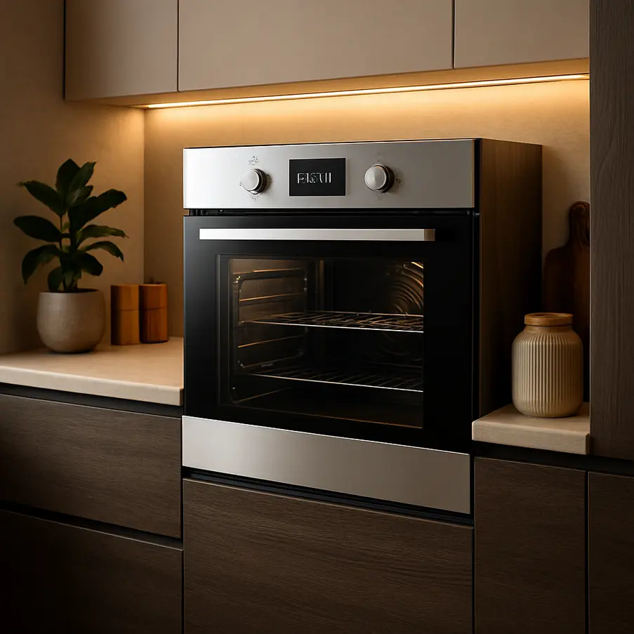 Cozinha elegante com forno elétrico embutido e decoração moderna.
