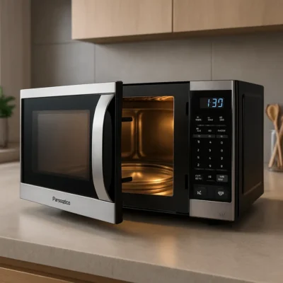 Imagem de um micro-ondas Panasonic em um ambiente moderno.