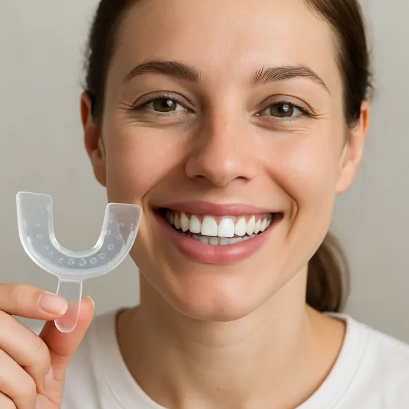 Pessoa sorridente segurando moldeira dental com gel clareador.
