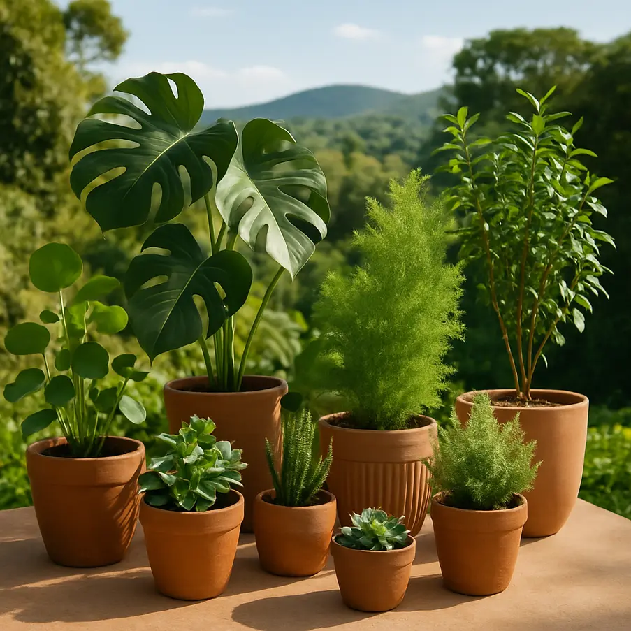 Variedade de plantas em vasos com paisagem verde ao fundo. Loja online plantas em Mogi das Cruzes